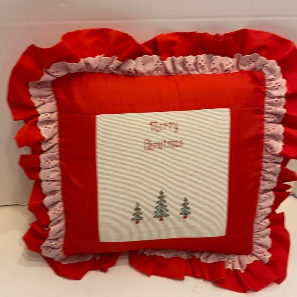 Merry Christmas cross stitch pillow trees‎ 16x16